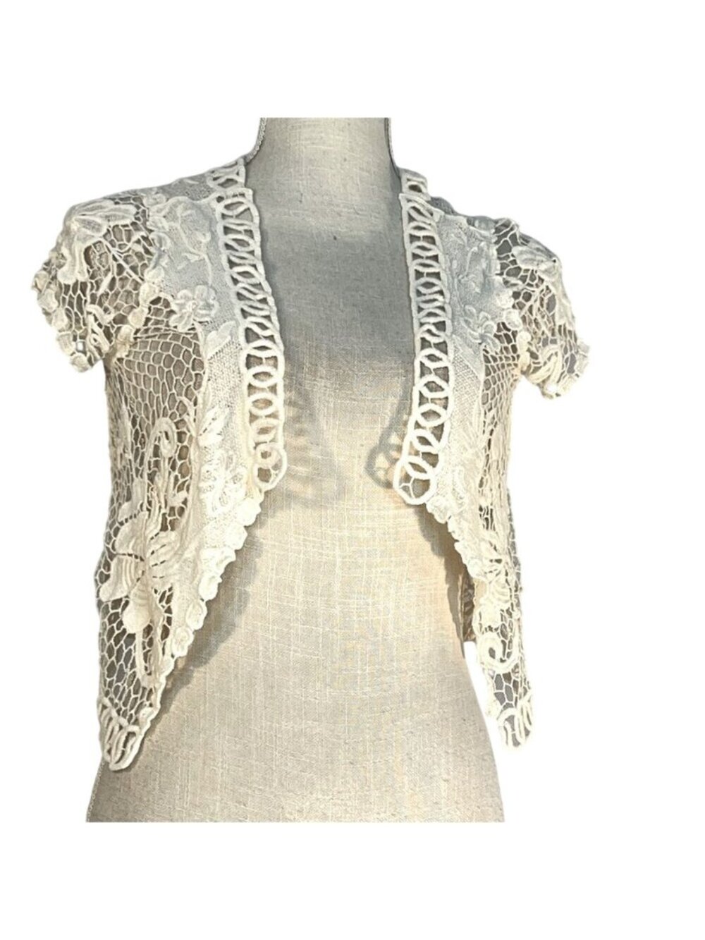 ISSI Ivory Crocheted Crop Jacket Cotton Open Front Cap Sleeves